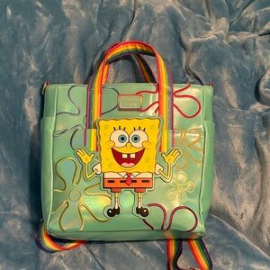 Loungefly Teal SpongeBob Tote with Rainbow Straps